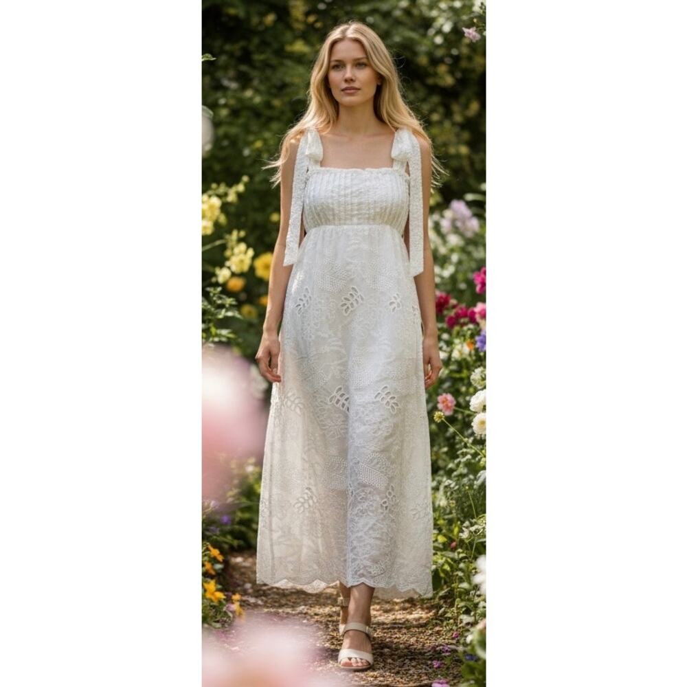 Farm Rio White Eyelet Embroidered Mini Pom Pom Midi Dress NWT Size XL